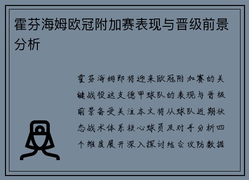 霍芬海姆欧冠附加赛表现与晋级前景分析