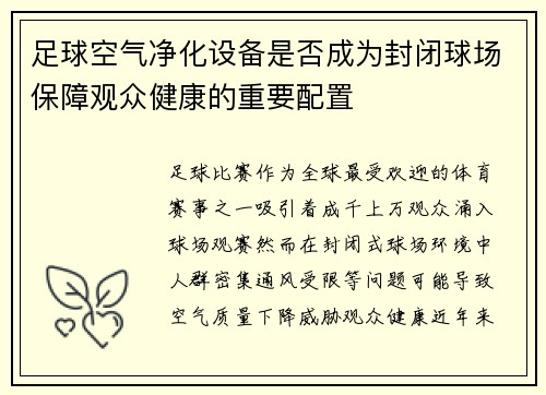 足球空气净化设备是否成为封闭球场保障观众健康的重要配置